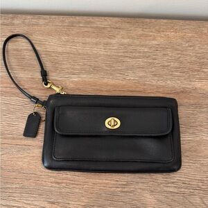 Coach vintage Black Leather Wristlet front flap with Gold Accents
